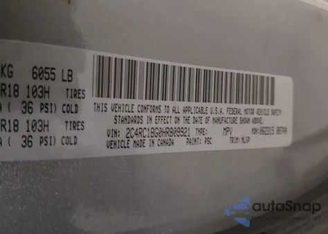 2017 Chrysler Pacifica Touring-L z USA, uszkodzony, nr VIN 2C4RC1BG0HR809921